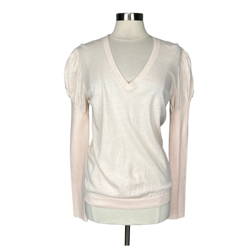 Reiss Womens Cotton Cashmere V Neck Sweater Blush Pink Puff Sleeves size M